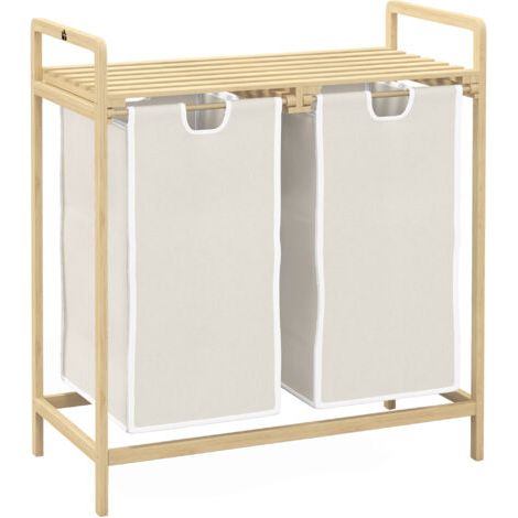 Panier à linge en bambou 2 paniers amovibles et coulissants en non-tissé 63,5 x 33 x 73 cm crème (1/5)