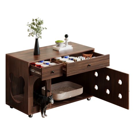 Katzenkloschrank 100x45x66 cm, Katzenklo Möbel mit 2 Schubladen, abnehmbarer Sandfangplatte, geruchsisoliert, Nussbaum