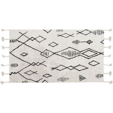 Alfombra de algodón blanco crema negro 80 x 150 cm geométrico oriental Kebir