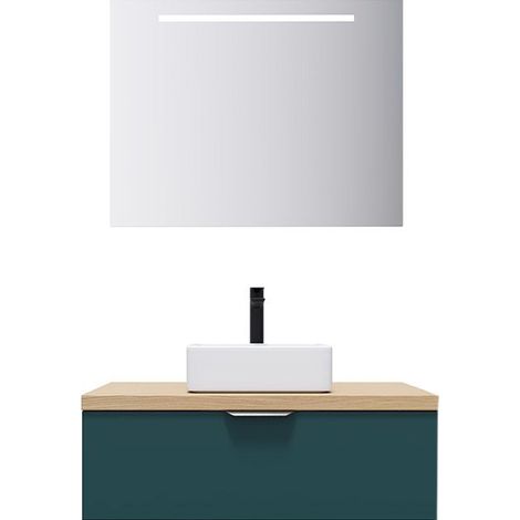 Meuble de salle de bain suspendu vasque à poser 90cm 1 tiroir Bleu + miroir - Soho (1/5)