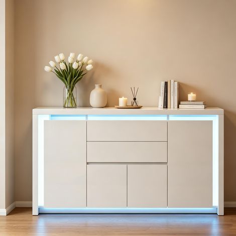 Credenza da 160 cm – Mobile da cucina alto – 4 ante + 2 cassetti – Illuminazione LED RGB a 7 colori – Stile moderno – Finitura laccata bianca (1/5)