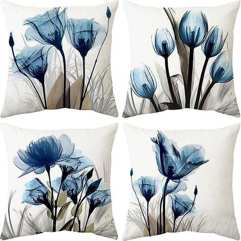 blue Ink Peinture Fleur Et Herbe Housse De Coussin 45cm X 45cm Ensemble De 4 Housses De Coussin Gris Marine 18x18 Pouces Polyester Doux Carr Dcora (1/5)