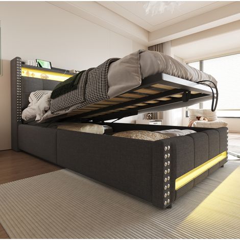 Cama infantil tapizada de lino gris 90x200 cm con almacenaje hidráulico, LED, USB y somier de láminas (1/5)