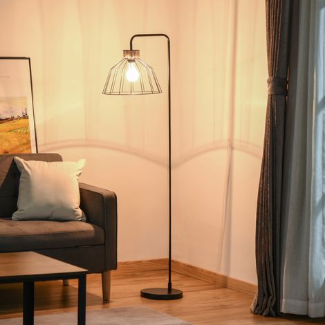 Lampadaire lampe à pied en métal avec décoration en rotin maison bureau restaurant et café 44 x 34 x 154 cm noir