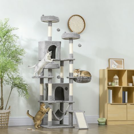 Katzenbaum, Spielturm für Katzen, 8 Kratzstämme, 4 Plattformen, 2 Verstecke, Leiter und 3 Bälle, Höhe 192 cm, grau