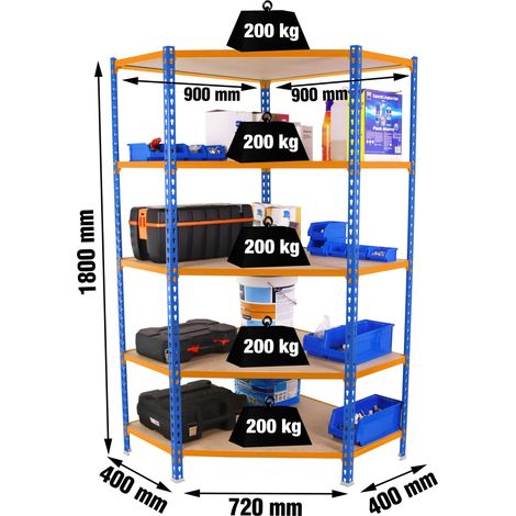 Simonrack Eckregal aus Metall blau orange Holz