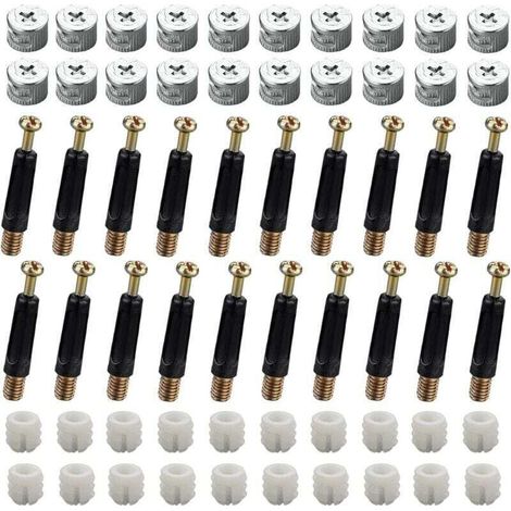 40 jeux (120 pièces) de connecteurs pour meubles, connecteurs pour armoires, kit de fixation M15, vis excentriques, cames et boulons, bouchons de fixation, écrous avant M6 x 40 mm pour armoire/commode (1/4)