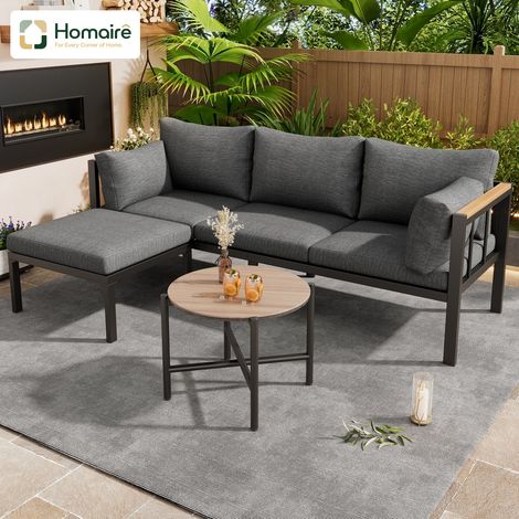 HOMAIRE Ensemble de jardin en acier galvanisé, incluant un canapé, une table et un pouf, avec plateau en verre, idéal pour les jardins, piscines et espaces extérieurs, couleur grise