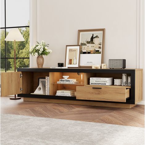 Mobile TV LED 160 x 40 x 50 cm con vani contenitore, vetro temperato, nero e rovere DESVIAE (1/5)