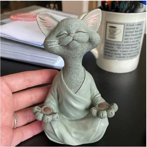 Meditation Statue, Zen Cat Statue, Yoga Decoration, Resin Figure, Meditation Yoga Decoration, Feng Shui Ornament, Sculpture, Collection, Craft, Lawn, Garden Decoration (Small Grey) - RAPANDA