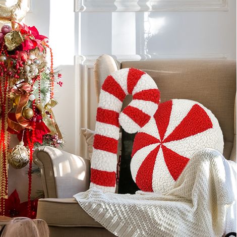 Coussin de Noël Bonbon Menthe 2 Pièces, Oreiller Décoratif Forme Sucre d'Orge, Motif Lollipop, Peluche Douce pour Canapé, Housse de Coussin Festive (1/4)