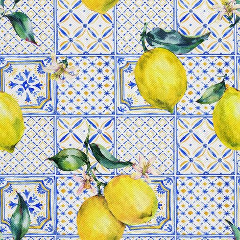 Tela decorativa para exteriores Oxford - motivo de limones sobre adorno azul (1/5)