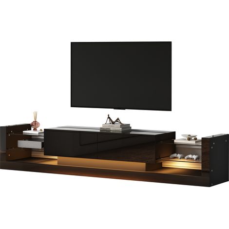 Meuble TV brillant avec éclairage LED, 181 cm – Convient aux téléviseurs jusqu'à 80 pouces, façade en verre, deux tiroirs rabattables (1/5)