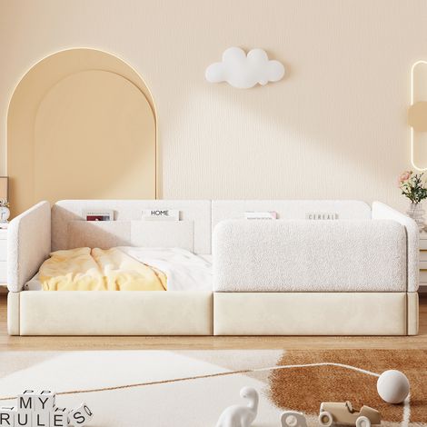 Lit plateforme capitonné 90x200 cm avec barrières de sécurité poche de rangement, lit simple design confortable pour chambre ado, blanc (1/4)