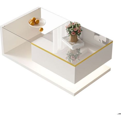 Table basse 90 cm, plateau verre trempé blanc brillant, LED intégrées 16 couleurs, rangement intégré (1/5)