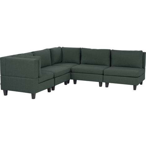 Sofá modular esquinero moderno 5 plazas tapizado tela patas negras respaldo acolchado derecho verde oscuro Unstad