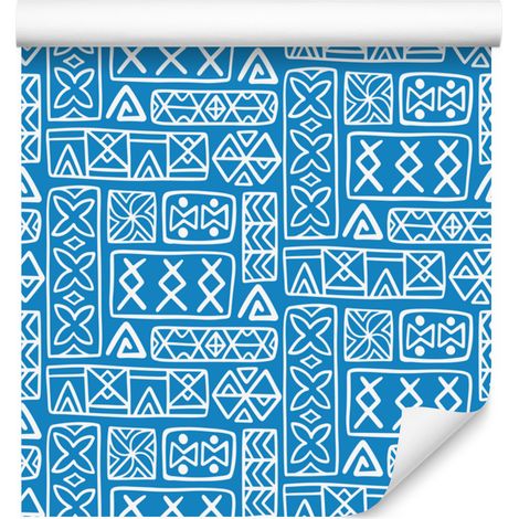 Carta da parati con motivo geometrico polinesiano, azzurro e blu, 50x1000 cm (1/5)