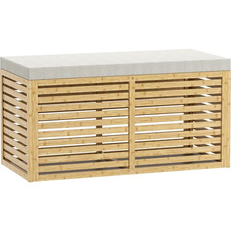 Coffre de rangement rembourré en lin, banquette avec couvercle en bambou, gris et naturel. (1/5)