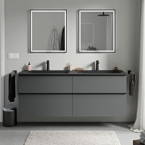 Badmöbel Unterschrank Bernstein LAVOA 160cm mit Mineralguss Waschbecken CREAM Badmöbel: Anthrazit matt, Metallgriff: Chrom, Waschbecken: Schwarz matt mit Hahnloch