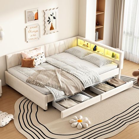 Lit de jour, 140 x 200 cm, canapé-lit, compartiment de rangement près du lit, ports USB et Type C, bande lumineuse LED, lit avec deux tiroirs, sommier à lattes (sans matelas), lin, beige (1/5)