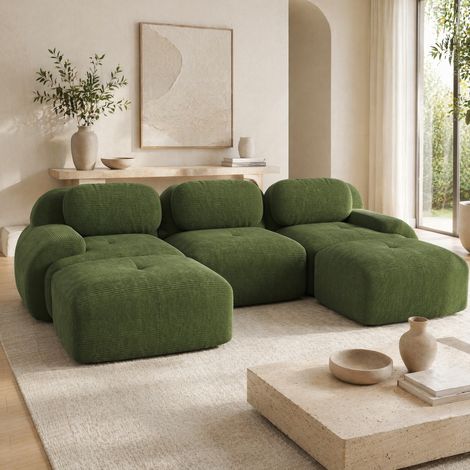 Canapé d’angle modulaire en velours côtelé vert, sans montage, mousse haute densité 32D (1/5)