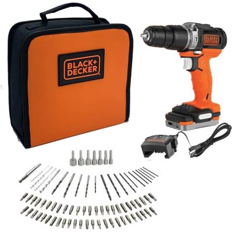Trapano avvitatore a percussione senza fili 12 V + 80 accessori + 1 batteria da 1,5 Ah + 1 borsa portaoggetti - BLACK+DECKER - BDCHD12S1A-QW