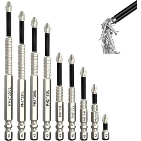 9 Pièces Embout Visseuse Aimanté Antidérapant, Longueur 25/50/65/70/75/90/100/120/150mm, Multifonction pour Perceuse Électrique