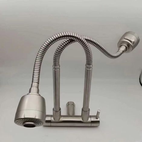 Robinet mural monopoint en acier inoxydable 304 pour éviers et lavabos - Double tuyau, double sortie, double ouverture, orientable - Modèle universel horizontal à double tuyau brossé