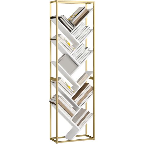 Modern 10-Shelf Bookshelf in Gold and White Finish for Stylish Home Decor and Organization