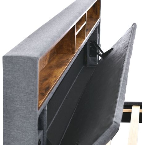 Base de cama tapizada 140x200 cm gris con LED y cabecero con almacenaje, sin colchón – MEUBLIV (1/5)