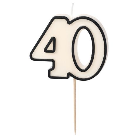 Candela di compleanno '40', quaranta, bianca e nera, 5,5 cm