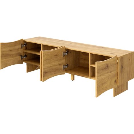 Meuble TV moderne à motif ondulé – console multimédia de 155 cm avec rangement, quatre portes et passe-câbles, aspect bois, design élégant pour salon (1/5)