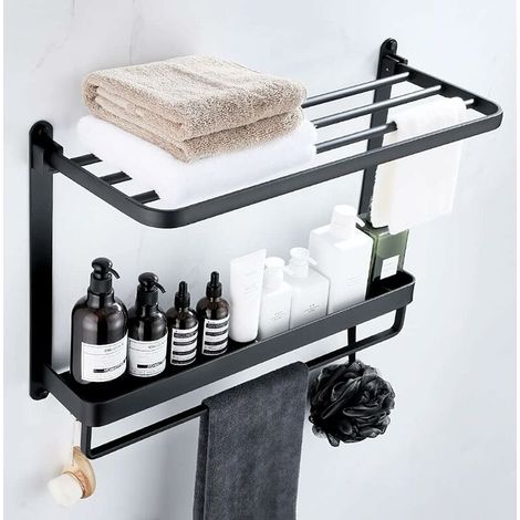 4 in 1 Bathroom Towel Rack, Shower Shelf + Towel Rack + Hooks for Bathroom and Kitchen, Self Adhesive Wall Mounted Towel Rack Without Drilling Black (1/5)