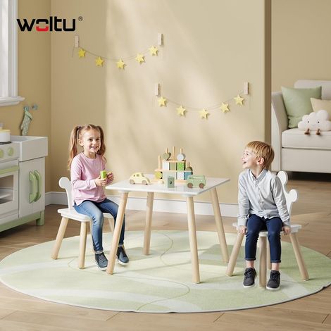 WOLTU Tavolino Rettangolo con 2 Sedie per Bambini Bianco + Rovere chiaro (1/5)