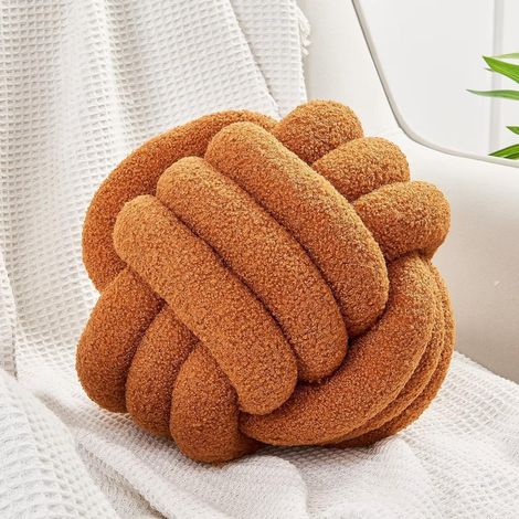 Knotenkissenball, weiches Wohnkissen, rundes Kissen, handgewebtes Plüschkissen, rundes Ringplüsch-Kissen (8,6 Zoll, Karamellfarben)