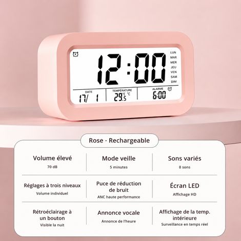 Réveil numérique LCD rechargeable rose avec rappel vocal pour enfant et étudiant rechargeable rose 13,8 × 4,7 × 7,5 cm 190 g – Livraison gratuite