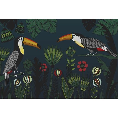 Papier peint panoramique bleu foncé & vert oiseaux Tapisserie panoramique exotique toucan pour chambre Papiers peints panoramique jungle pour salon (1/2)
