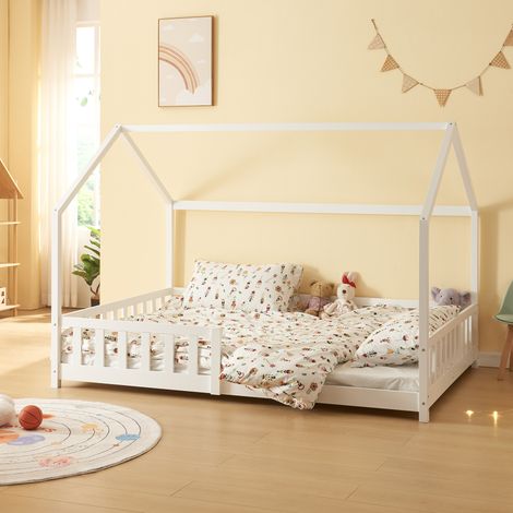 Cama infantil Hesel en forma de casa pino con reja 140x200cm - Blanco [en.casa] (1/5)