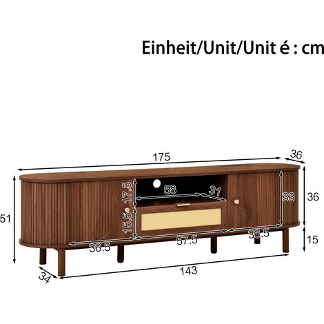 Meuble TV scandinave en rotin, rangement avec tiroirs et niches ouvertes, plateau courbé, pieds métalliques finition bois, meuble de séjour polyvalent. (1/5)