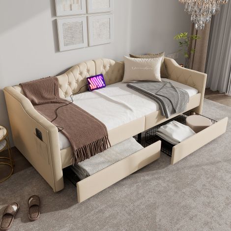 Polsterbett Daybett Schlafsofa Stauraumbetten Bettgestell mit USB Type C Ladefunktion und 2 Schubladen Samt in  Samt(Ohne Matratze)