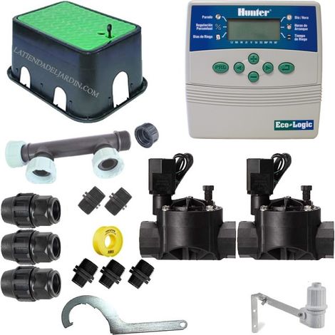 Kit Riego Automatico 2 zonas 24V Hunter para Tuberia 25mm  Incluye Programador, Electrovalvulas y Accesorios