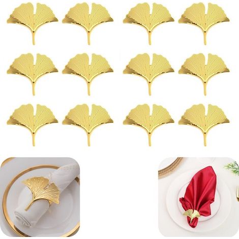 Ronds de serviette lot de 12 en métal forme ginkgo - clips réutilisables pour mariages et fêtes, doré, 6 x 4,8 cm (1/5)