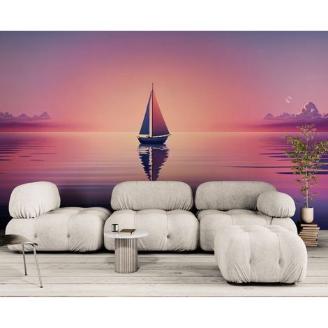 Papier peint Paysage – Voilier sur mer coucher soleil violet - 150 x 250 cm (1/2)
