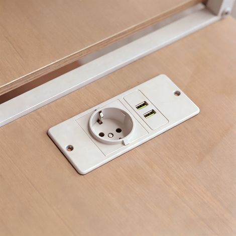Lit mezzanine 140x200 blanc avec support TV, prises électriques et échelle de sécurité, mix bois-métal robuste, design moderne gain de place, lit surélevé enfant avec rangement intégré (1/5)