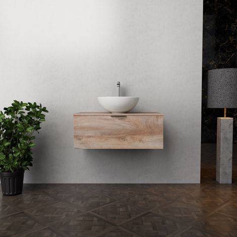 Inda - Badezimmerschrank B.80 mit Aufsatzwaschbecken / Natureiche 1 Schublade - Topazio