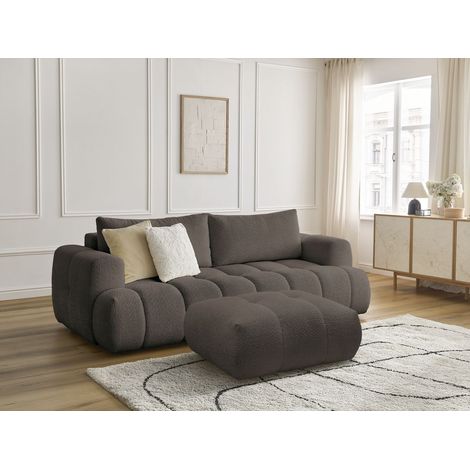 BOBOCHIC - Canapé droit convertible 3 places FUJI tissu bouclette avec pouf Marron (1/5)