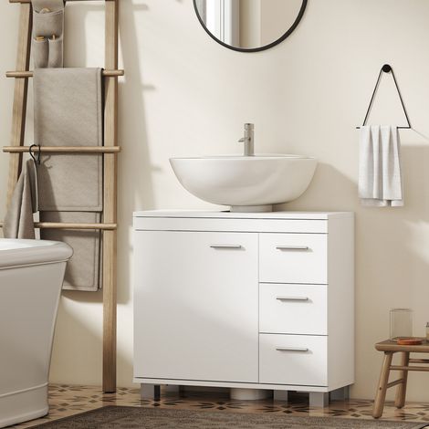 HOMCOM Meuble sous Lavabo - 3 Tiroirs & Porte à Fermeture Amortie, 70x30x64cm, Blanc