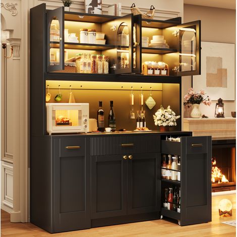 Hoher Küchenschrank 120 cm mit RGB-LED, 3 Glasvitrinen und Schubladen, Schwarz (1/5)