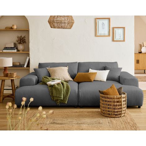 Lisa Design – Canapé droit 4 places en velours côtelé gris foncé – Assise profonde avec mousse élastique – Double méridienne pour confort optimal (1/5)