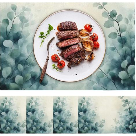 Lot de 4 Sets de Table, Chemin de Table Vert 30 x 45 cm, Été Feuilles Eucalyptus Tapis de Table pour Décoration Table de Cuisine Printemps Vacances Fête (1/5)